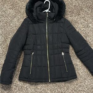 Calvin Klein Black Puffer Jacket with Faux Fur Trim